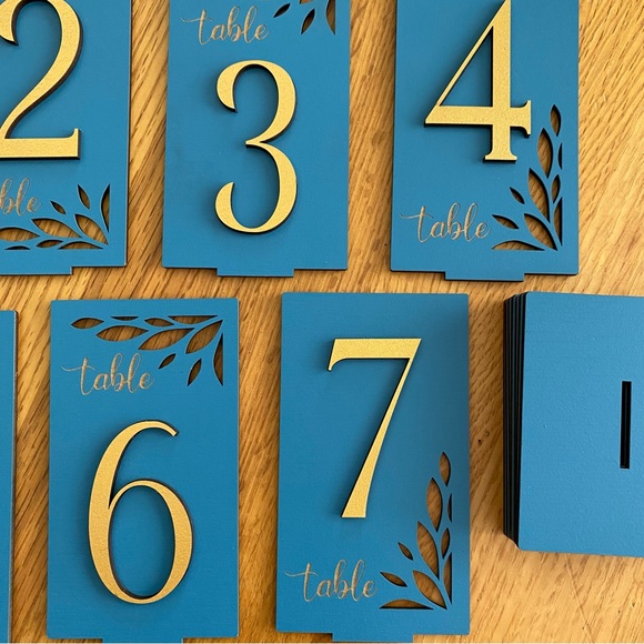Wooden Table Numbers 1-7 Standing, Handmade, Blue and Gold, for Events/ Weddings - Picture 9 of 9